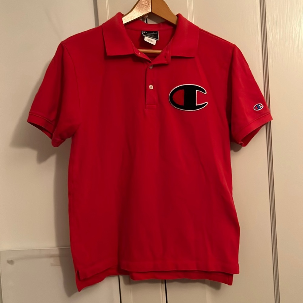 ✅ CHAMPION Embroidered Logo Patch Polo Collared Short Sleeve Shirt 💯 Cotton Red